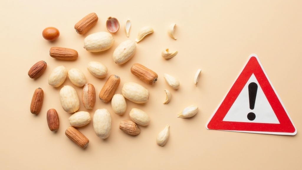 Assorted shelled and unshelled nuts on a neutral background, with a red warning sign symbol displayed nearby. No humans or text.