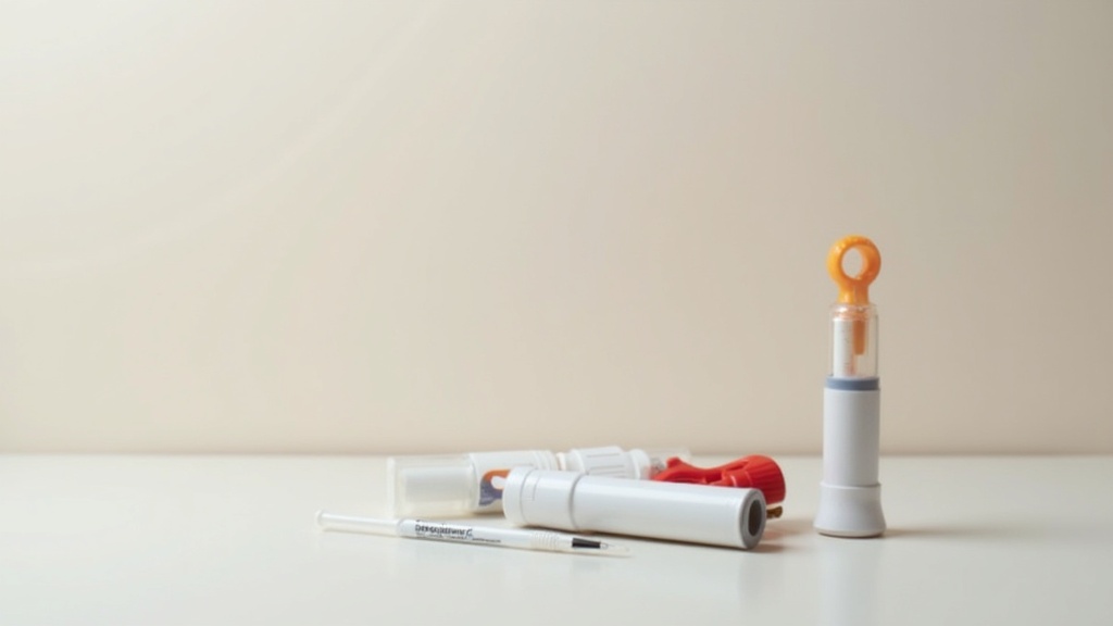 Epinephrine auto-injector and first aid kit on a neutral surface